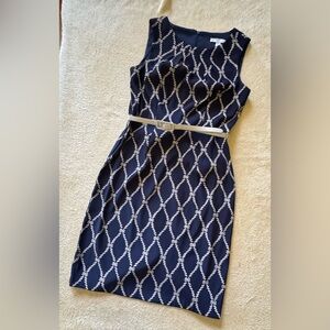 Elegant Navy and Beige Patterned Mini Dress